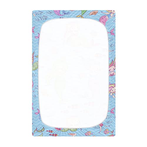 Image of Fitted Crib Sheets Blue Mermaid and Fish Stretchy Portable Playard Sheets for Baby Toddler, Breathable Soft Mini Crib Mattress 52 x 28 in for Boys and Girls