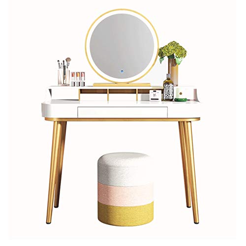 CALEBY Tocador de Metal y Madera para Dormitorio, tocador de 2 Niveles con cajones, Espejo, Mesa de Maquillaje y Taburete (Color: Amarillo, tamaño: 120 x 40 x 75 cm) (Amarillo 80 x 40 x 75 cm)