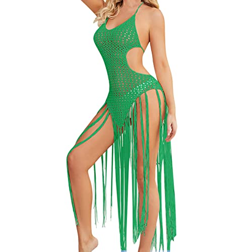 Bañador Surf Vestido de Playa con borlas para Mujer Bikini de Playa sin Espalda Largo Cubrir Vestidos Bikinis (Green, One Size)