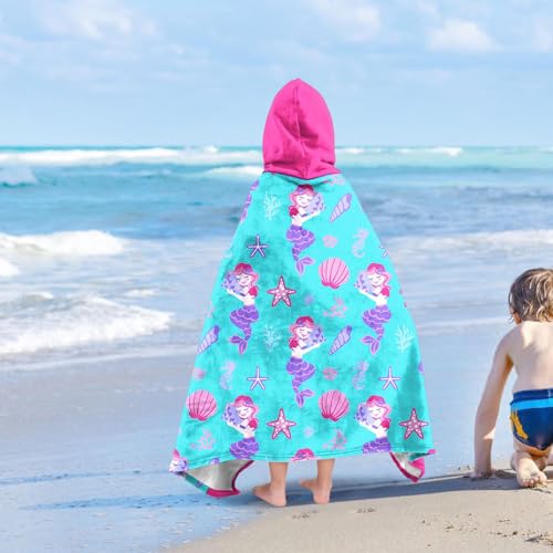Image of Mermaid Girls Beach Towel with Hoodie for Kids Toddlers Age 4-8, Pink Blue Bath Towels Shower Wrap for Girls, Hooded Poncho Beach Blanket for Pool Swimming Cute Wearable Bath Towel for Child