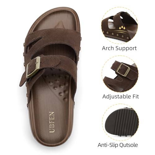 Image of UBFEN Womens Platform Slide Sandals | Real Leather,Buckle Sandals with Cushioned Flatform Footbed,Comfortable for Walking,Arch Support,Casual Styling