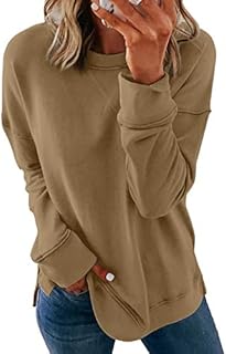HIKARO Womens Fashion Crewneck Tie Dye Kakhi Sweatshirt Solid Color Oversized Loose Soft Long Sleeve Fall Pullover Tops Shirts Halloween Hoodies & Sweatshirts for Women Teen Girls Size 6 8