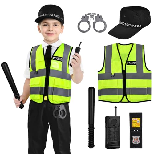 Aomig Kostium policyjny dla dzieci – 8 akcesoriów, kostium policjanta deluxe, kostium na karnawał, do odgrywania ról, Halloween, festiwal Cosplay