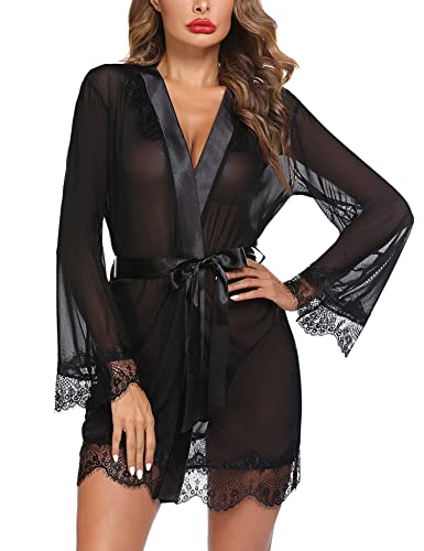 Avidlove Women's Lace Kimono Robe Sexy Babydoll Lingerie Set Mesh Nightgown Cover Up A-Black #TOP12