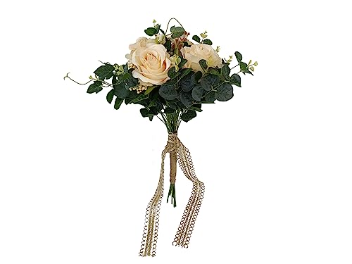 DRW Ramo de Novia Beige con Rosas y Flores Silvestres Ramo Artificial Bouquet Novia Beis 56x32Ø cm