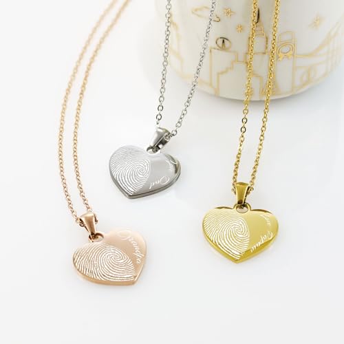 AnnBijoux Personalized Actual Fingerprint Heart Necklace Woman Engraved Fingerprint Jewelry Bereavement Jewelry Gold Silver RoseGold Stainless Steel Heart Pendant Personalized Memorial Mom Necklace2