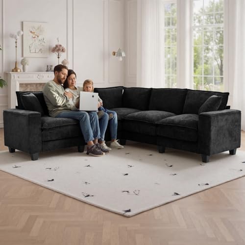 Image of 97 inch L Shaped Couch Corner Sofa, 5 Seater Oversized Cloud Couch with 2 Pillows Chenille Modular Sectional Sofa Armrests with Two Hidden Storage Space Sectional Couches for Living Room Black