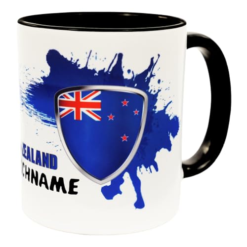 Neuseeland New Zealand Tasse mit Namen personalisiert Wappen neuseeländische Flagge Fahnen Fanartikel Becher Geschenk Mann Frau Geburtstag Fussball Produkte Cup Mug Keramik 330 ml