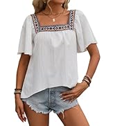 IVERIRMIN Women’s Ruffle Short Sleeve Embroidered Tops Flowy Square Neck Loose Shirts Boho Peasan...