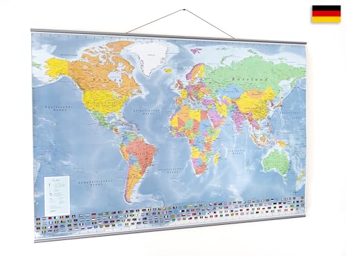 GeoMetro Weltkarte 70x100 cm mit Metallleisten zum Aufhängen, auf Deutsch, Flaggen, mit Laminierung, reißfest, Neuauflage, Made in Germany