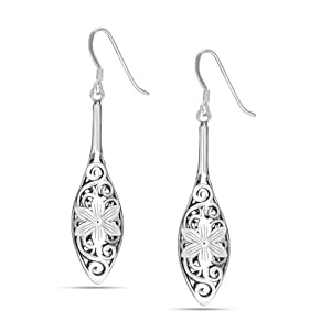 LeCalla 925 Sterling Silver Filigree Dangle Drop Earrings | Lightweight Antique Balinese Teardrop Dangle Drop Earring for Women