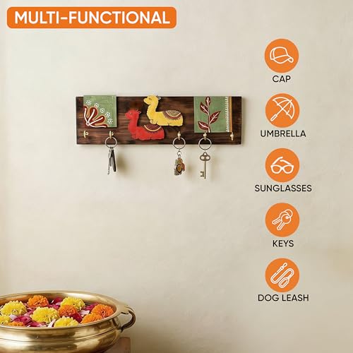 Image of AAKRITI ART CREATIONS Key Holder, Handcrafted Tribal Art Alpaca Theme Key Hanger | Rustic Wood Wall Organizer with 5 Hooks | New Home Gifts| Multifunctional Entryway Decor Item