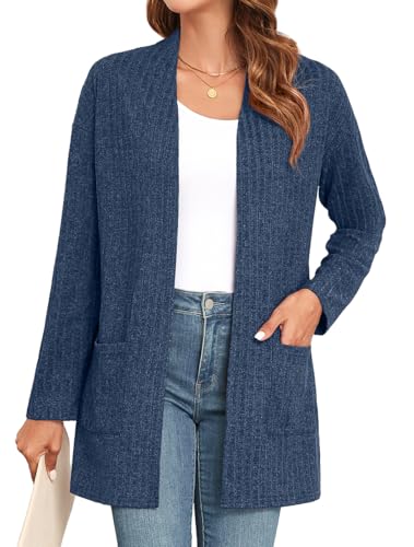 IWOLLENCE Women's Long Sleeve Open Front Ribbed Knit Cardigan, Blue XXL