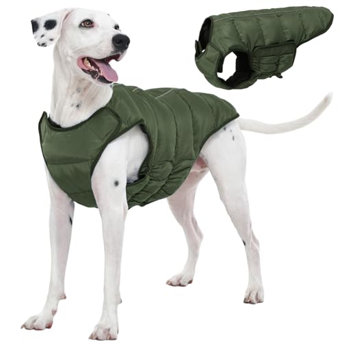Kuoser Dog Puffer Jacket Warm Dog Coat for Large Dogs, Windproof Reflective Pet Padded Vest Cold Weather Clothes Puppy Snowsuit with Hook & Loop Coats, Easy On/Off, Green XL X-Large (Chest G