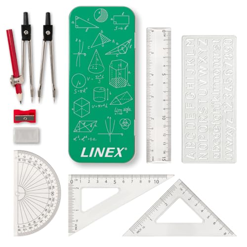 Linex - Set de mathématiques pour étudiants, Set de géométrie en boîte, 10 pièces, compas, rapporteur