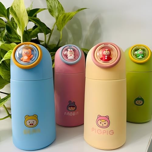 Image of Barebeauty Creative Cartoon Printed Glass Water Bottle for Boys & Girls | Double Layer Inner Glass Outer Plastic | Cute Animal Design Leak-Proof Insulated Flask for Kids 360 ML