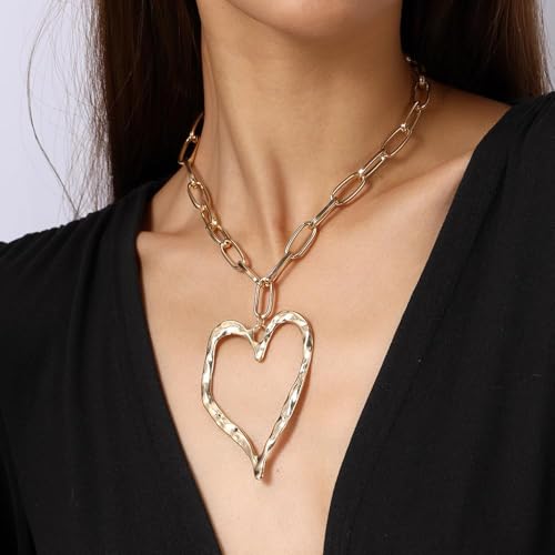 Chunky Gold Heart Necklace for Women,Y2K Big Heart Statement Necklace Long Puffy Hearts Chain Charm Necklaces Trendy Jewerly3