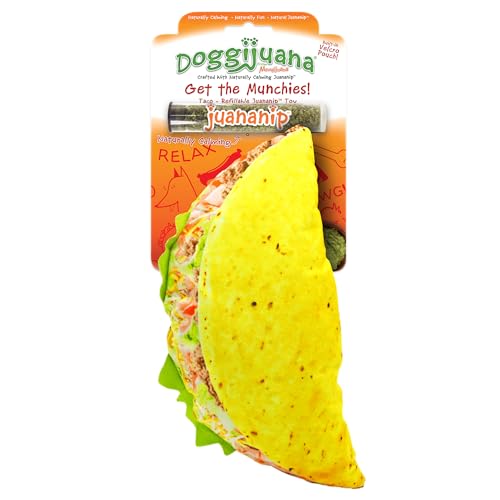 Image of Doggijuana Tuffer Chewer Dog Toy, Taco | Squeaky Refillable Plush Toy | Squeaky plush dog toy with calming Juananip catnip inside; eases anxiety, stress & boredom; durable interactive chew toy
