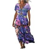 Vestido Mujer Verano Largo Casual con Cuello en V Manga Corta y Bolsillos, Vestidos Playa Maxi Sueltos Transpirables de Lino Boho Chic para Vacaciones y Diario Tallas Grandes Elegante