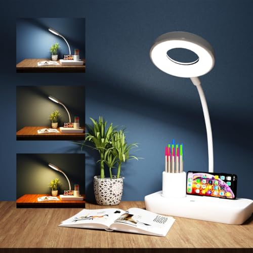 Image of fizzytech Rechargeable LED Table Lamp for Study Desk - 360 Flexible Desk Light with Pen Holder & Phone Stand, Touch Control Lamp for Students, Reading, Study & Office Use (White)