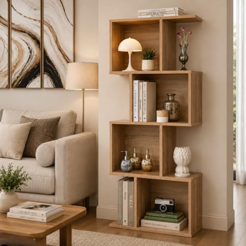 Image of Bookcase, Bookshelf, Freestanding Display Storage Shelves Open Bookcase for Bedroom, Small Bookshelf for Living Room and Office (Natural, S-Shaped)