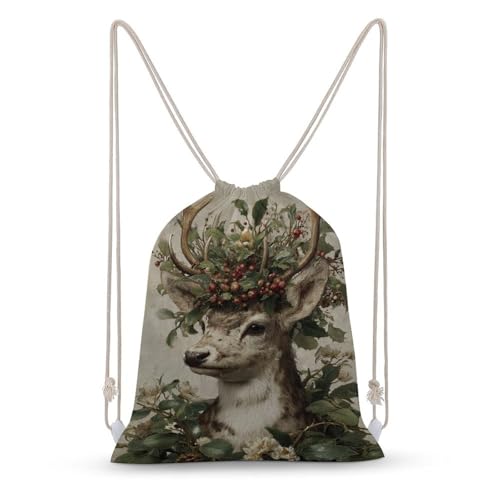 Christmas Deer with Holly Crown Vintage Drawstring Backpack Canvas String Bag Lightweight Sports Gym Bag for Men Women