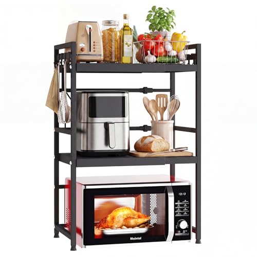 Mointal Support Extensible pour Micro-Ondes, Étagère de Cuisine à 3 Niveau, Support de Micro-Ondes en Acier au Carbone, Organisateur de Rangement pour Cuisine/Salle à Manger avec 8 Crochets, Noir