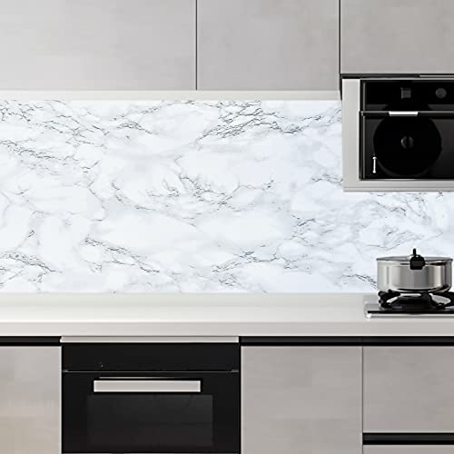 Image of Caltero White Marble Wallpaper 17.7 inch x 78.7 inch White Marble Contact Paper Peel and Stick Wallpaper Self Adhesive Removable Waterproof Marble Wallpaper PVC for Kitchen Countertop Table Shelf Drawer