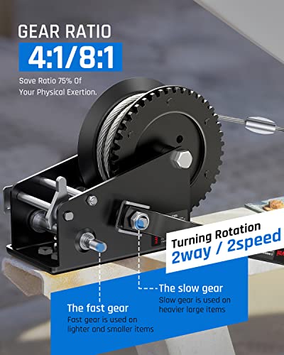 Kolvoii Boat Trailer Winch 3500Lbs With 10M (33 Ft) Steel Rope, Hand Winch Manual Operated Two Way Ratchet 4:1 & 8:1 Gear Winch For Atv Utv Jet Ski Boat Trailer Marine #TOP2