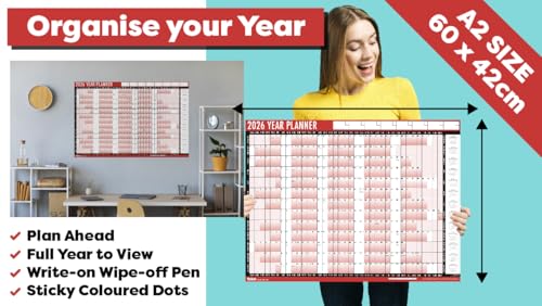 2026 A2 Wall Planner – Bold Red & Black Design Large 59.4 x 42cm Laminated Year Calendar with 96 Stickers - Reusable Year-at-a-glance Planner for Home, Office, School & Business Organisation. - Image 2