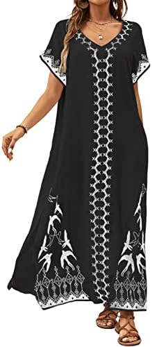 Bsubseach Women Embroidery Short Sleeve Bikini Swimsuit Cover Up Side Split Beach Kaftan Dress