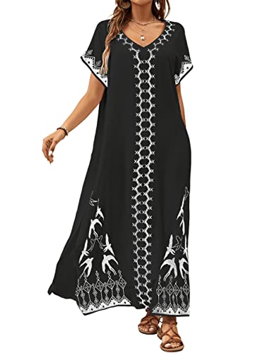 Bsubseach Kaftan Dresses for Women Swimsuit Coverup Beach Caftans Cover Ups for Swimwear Loungewear Bird Embroidery Black