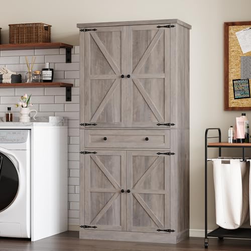 Image of BORNOON Pantry Organizers and Storage Cabinet, 67.7 inch Barn Door White Kitchen Cabinet with Drawers and Adjustable Shelf, Tall Pantry for Kitchen, Dining Room, Living Room Bedroom