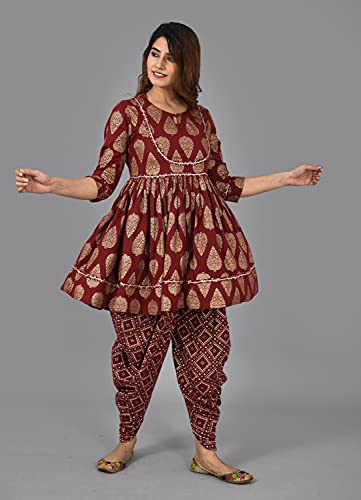 Image of H&N Women's Cotton Blend Casual Printed A-Line Kediya Kurti Top With Dhoti Set
