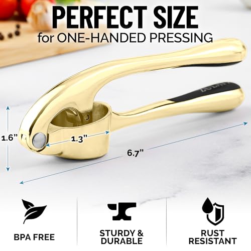 Image of Zulay Kitchen Premium Garlic Press with Soft, Easy to Squeeze Handle - Includes Silicone Garlic Peeler & Cleaning Brush - 3 Piece Garlic Mincer Tool - Sturdy Easy to Clean Garlic Crusher (Gold)