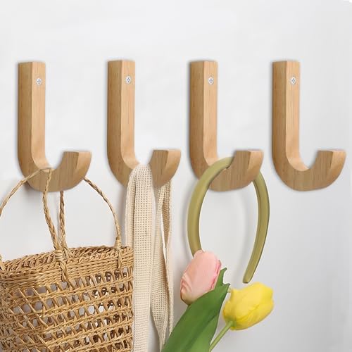 QMAHA 4 Stück Kleiderhaken Holz, Moderne Garderobenhaken Holz Haken für Akustikpaneele Wandhaken zum Schrauben, Kleiderhaken Wand für Garderobe - Handgefertigte