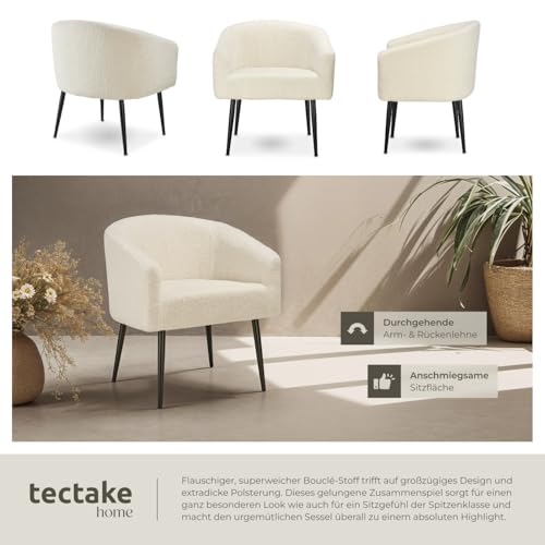 tectake® Lounge Sessel beige mit Polster, Wohnzimmer Möbel, Relaxsessel modern, skandi Loungesessel, Cocktailsessel Bouclé Plüsch Stoff, Armlehnstuhl mit Metallbeinen, Lesesessel Schlafzimmer