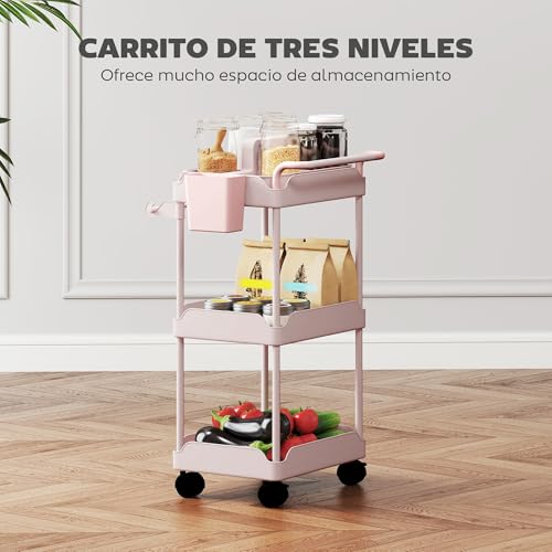 Miniatura 3 de Homcom Carrito Auxiliar Con Ruedas De 3 Niveles, Carrito De Cocina Con Cestas Extraíbles, Ruedas Con Freno, Soporte Para Toallas Y Marco De Metal, Carro De Servicio Para Comedor, Salón, Baño, Rosa
