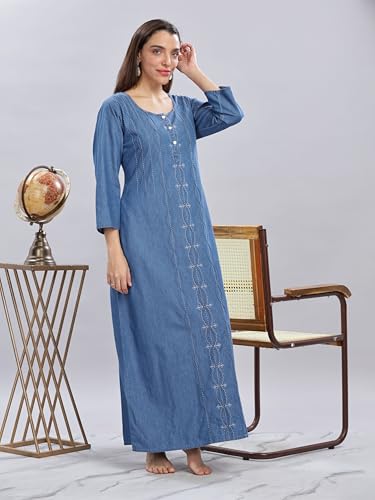 Image of 9shines Label Comfortable Cotton Denim Finish Nightdress for Women with Button Placket and Pocket(9SDLSS)