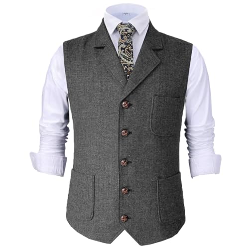 Men’S Herringbone Lapel Vest Single Breasted V-Neck Formal Waistcoat For Wedding Groom Business Casual Work3
