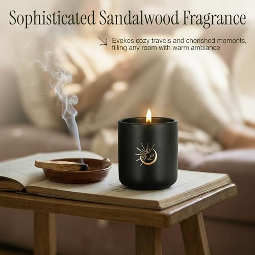 Sandalwood Scented Soy Candle 8.8oz - Luxury Matte Black Ceramic Jar - Non-Toxic Natural Soy Wax, Cotton Wick - 52 Hour Clean Burn - Aromatherapy Gift Candle for Men & Women, Home Decor - Image 3