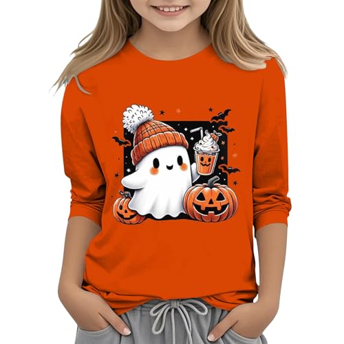 Magliette grafiche di Halloween per ragazze Manica 3/4 Girocollo Top Manica Corta Stampa Carina Casual Tees Bambini Scuola T-shirt Base, Arancione #2., 4-5 Anni