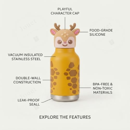 Image of JOUET Kids Stainless Steel Water Bottle 280ml with Cute Giraffe Character Lid, Yellow Leakproof Drinking Bottle for School, Travel & Daily Use