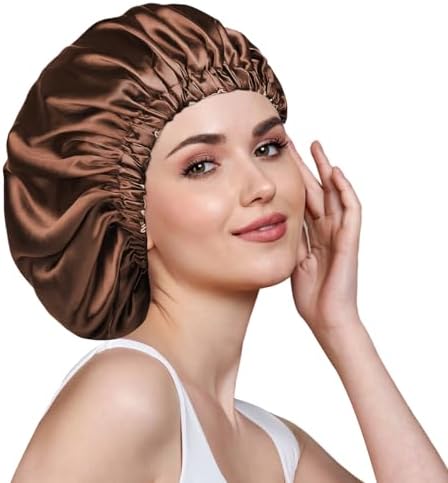 Silk Bonnet for Sleeping Women, Double Layer Satin Bonnet Hair Wrap for Sleep, Elastic Breathable Hair Bonnet for Curly Hair Brown