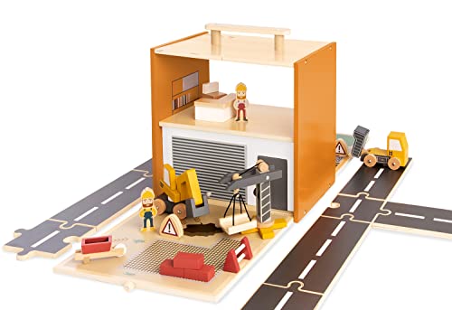 Spielwelt ’Baustelle Gustav’ mit 12-TLG. Zubehör von PINOLINO, modulare Umbaumöglichkeiten, Reisespielzeug, inkl. Figuren