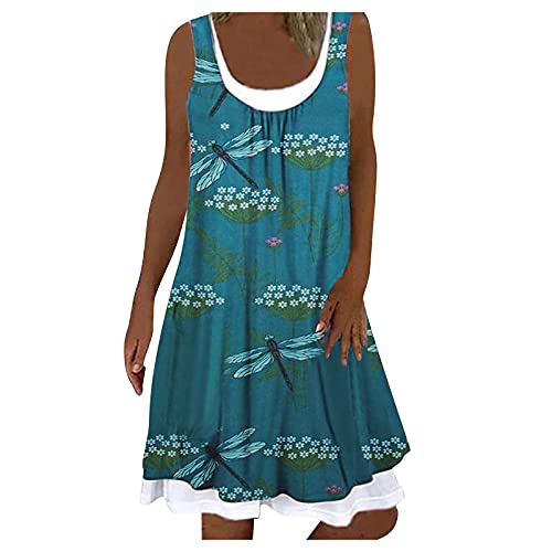SHENYANGWA Womens Summer Dresses Casual Loose Knee Length Tank Dress Sleeveless Scoop Neck Pleated Romper Midi T Shirt Dress, A09#blue, XX-Large