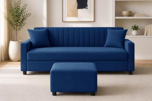 Image of Urban Decor 3 Seater Wooden Sofa Set with Matching Ottoman, Modern Channel Tufted Velvet Fabric Couch for Living Room-Blue