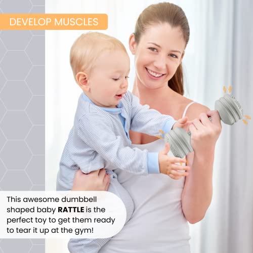 Image of Baby Dumbbell Silicone Teether - Weight Rattle Sensory Toy for Babies and Toddlers - Great Gift for Girls or Boys (Gray)