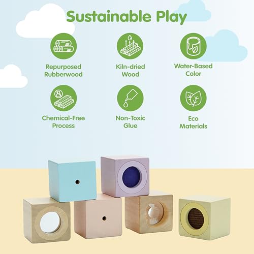 Image of PlanToys Sensory Blocks Wooden Learning Toy | Montessori Educational Activity for Tactile, Auditory & Visual Exploration | Eco-Friendly Toy for Early Development & Discovery