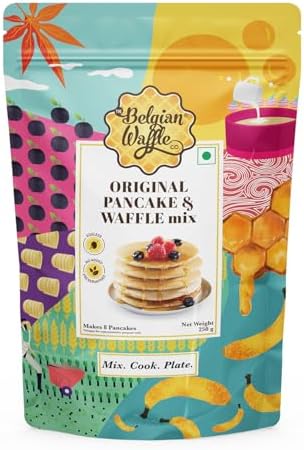 The Belgian Waffle Co Original Pancake & Waffle Premix, 100% Vegetarian and Eggless, No Added Preservatives, Non Refined Sugar, Instant Breakfast Mix - 250gm (9 Pancakes Each, Pack of 1)